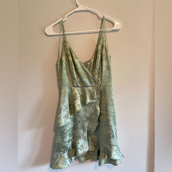 Altar'd State Sage Green Satin Floral Strappy Mini Skirt A-Line Wrap Dress - Picture 2 of 7